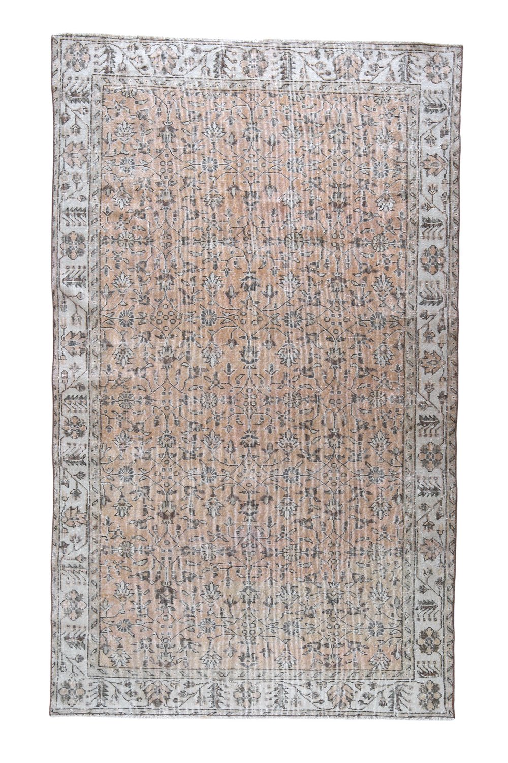 'Hallieford' Vintage Turkish Rug - 5'6" x 9'2.5" - Canary Lane
Vintage handwoven Turkish area rug featuring intricate floral motifs and wide, neutral borders. The design incorporates faded peach, brown, and cream, blending warm tones for a harmonious look. Its rich texture and timeless aesthetic add depth and elegance, making it a perfect focal point for any room.