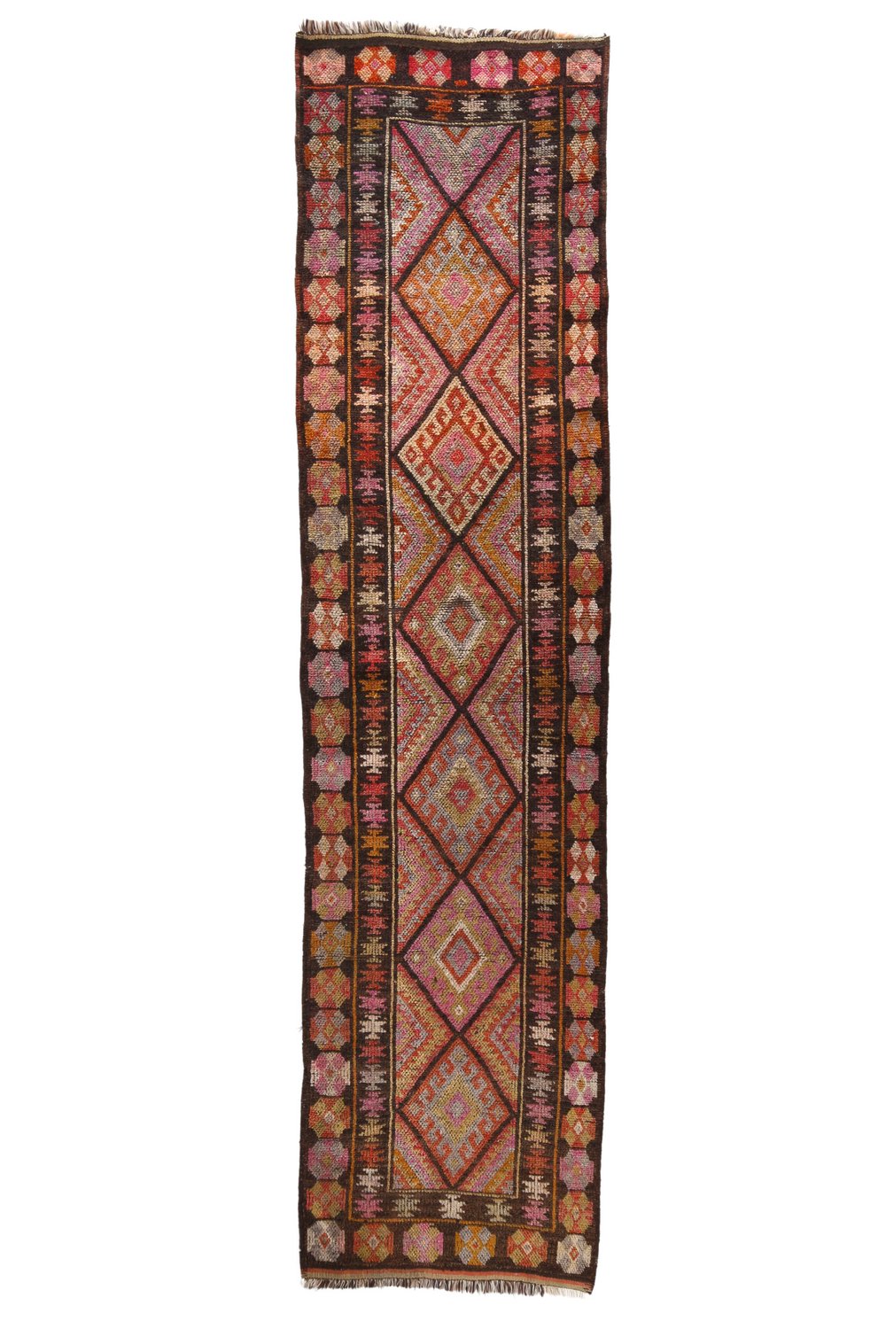'Milford' Vintage Turkish Runner - 2'11.5" x 12'1" - Canary Lane
Vintage handwoven Turkish runner featuring an intricate diamond pattern and rich textures. The design showcases traditional craftsmanship and detailed motifs. The color palette includes brown, red, orange, pink, yellow, and gray, creating a harmonious blend of warm and cool tones. 