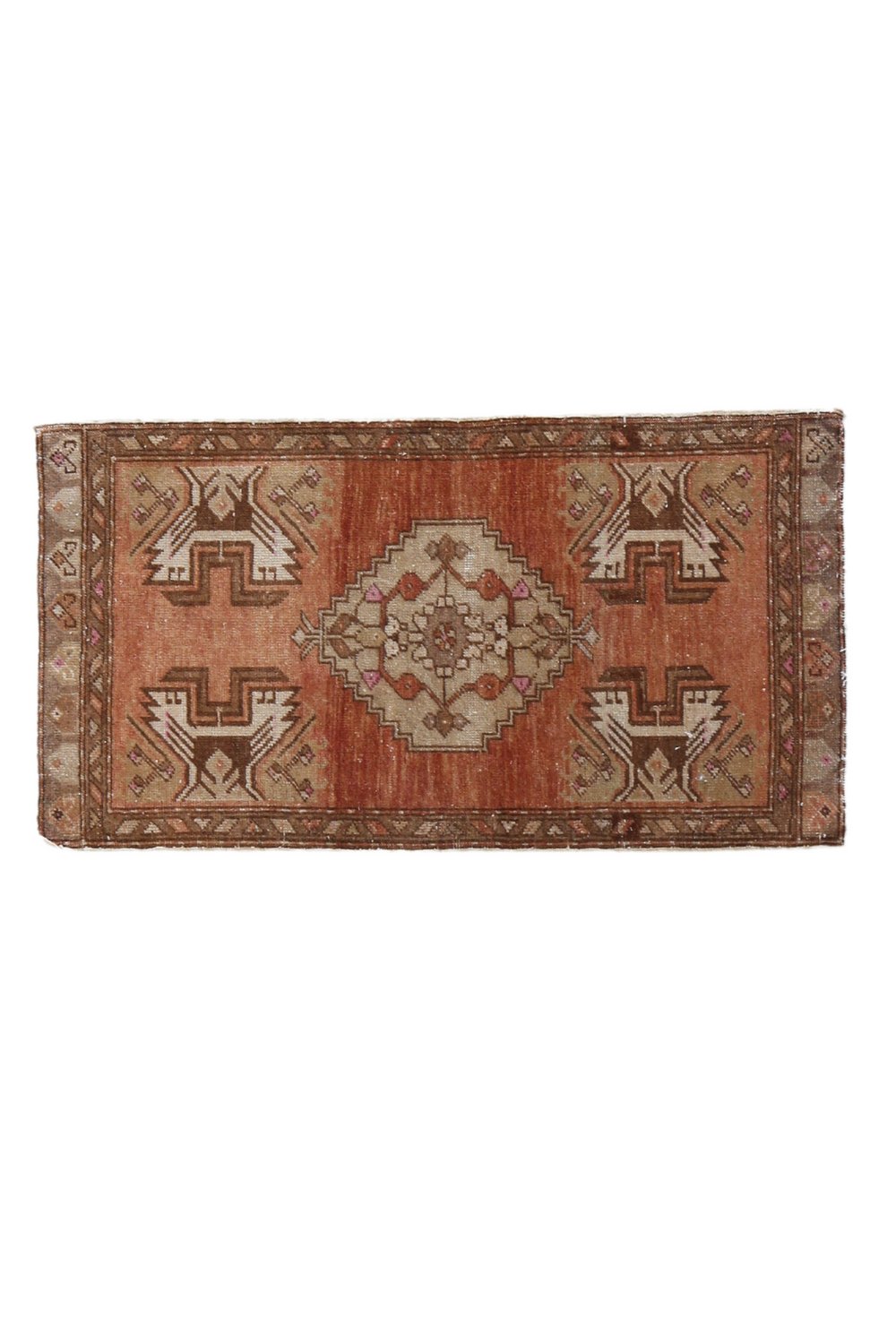No. 1715 Mini Turkish Vintage Rug - 1'7" x 3'0" - Canary Lane
Vintage-style rectangular rug with warm terracotta tones, featuring a central medallion design in beige and brown, flanked by geometric motifs and intricate border detailing in earthy hues.