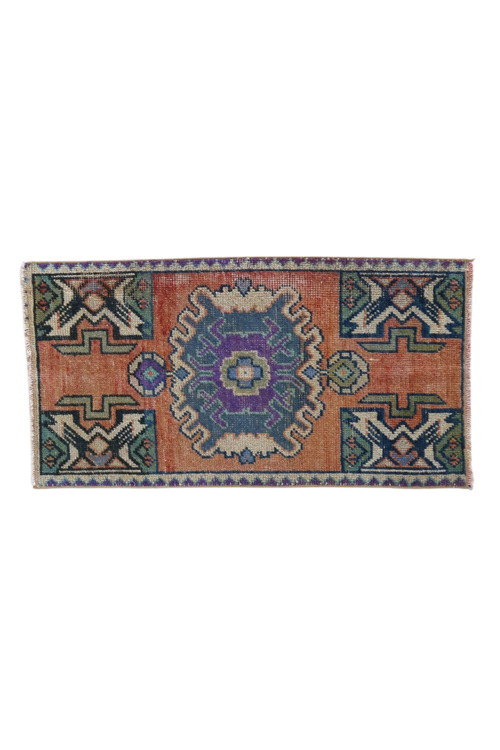 No. 1719 Mini Turkish Vintage Rug - 1'7" x 2'11.5" - Canary Lane
Colorful rectangular rug with a central medallion design in shades of blue and purple, framed by vibrant terracotta panels. Features intricate geometric patterns in green, navy, and beige, with a decorative border incorporating purple and blue accents.