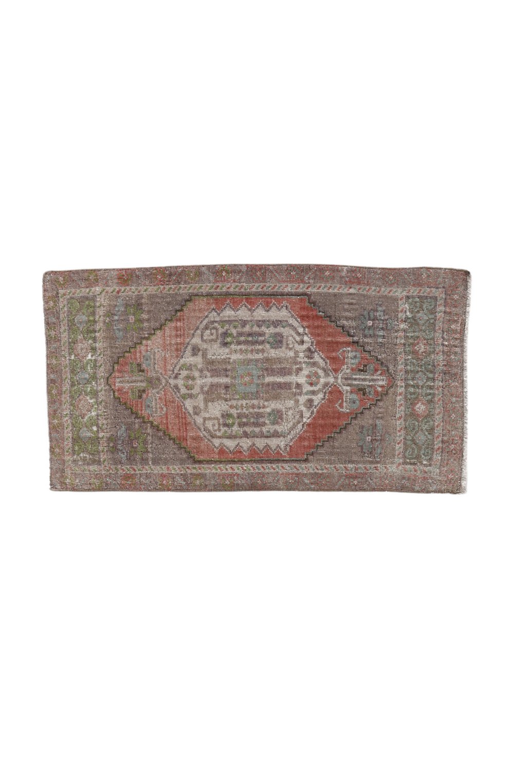 No. 1724 Mini Turkish Vintage Rug - 1'7.5" x 3'0.5" - Canary Lane
Vintage rectangular rug with a central diamond medallion design in muted red and cream tones, accented by intricate green and gray details. The outer border features delicate geometric and floral patterns, creating a rustic and antique aesthetic.